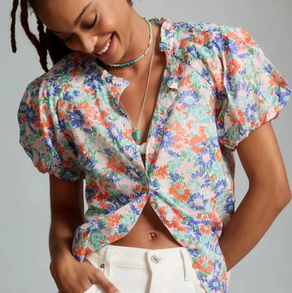 Anthropologie Banjanan Tammy Top Floral Short Puff Sleeve Blouse Large NEW NWT